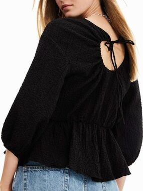Desigual Black Textured Peplum Blouse